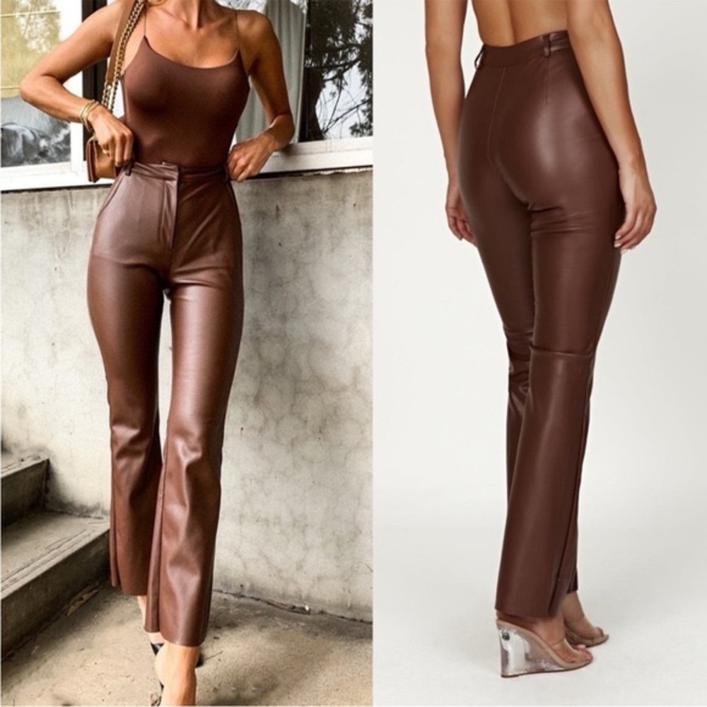 Meshki Chocolate Brown Flare Faux Leather Pants